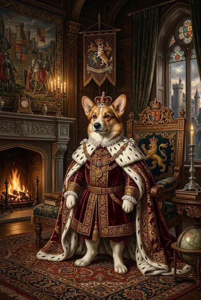 A noble corgi dressed as a royal duke, classical oil portrait